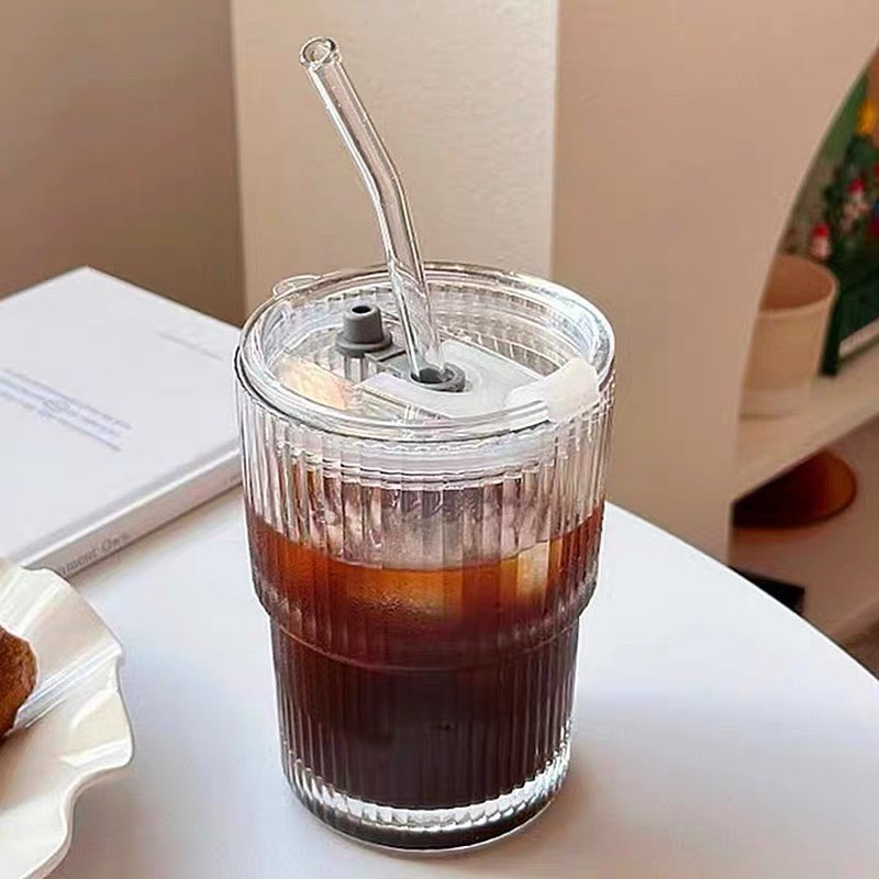 Ins Style Striped Glass Coffee Cup With Lid And Straw