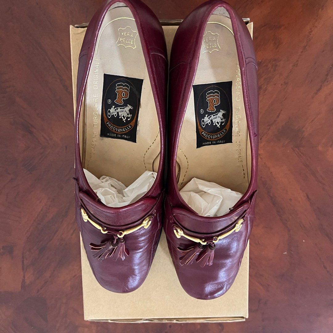 Maroon and top gold loafers