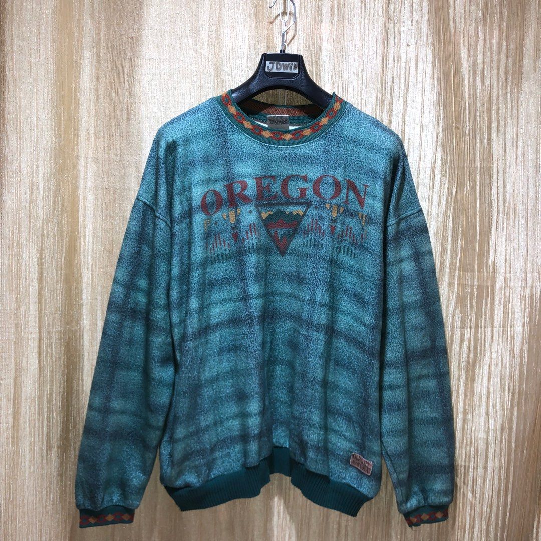 VINTAGE OREGON DIPORT USA MEN S ROUNDNECK SWEATSHIRTS THICK COTTON CORAL GREEN STRIPED XL Please view all photos and read description