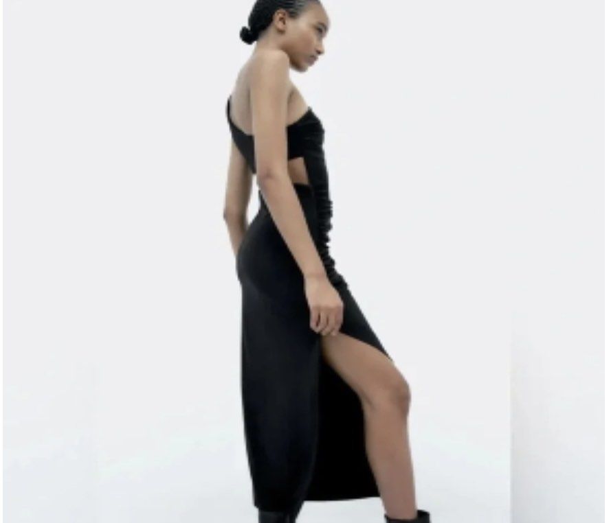 ZARA One Shoulder Back Cut Out Ruched Maxi Dress- Black S, Women's - Main Image