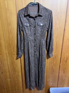 二手咖啡色豹紋質感秋冬長洋裝