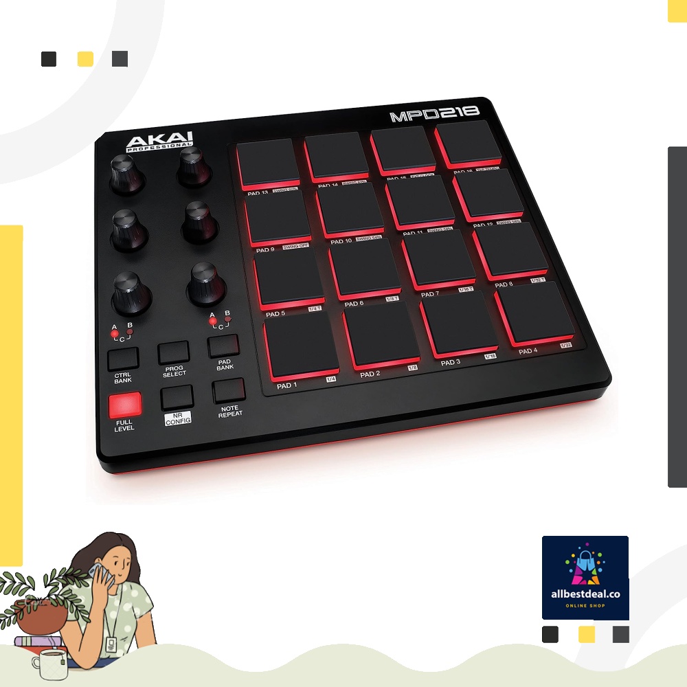 AKAI Professional MPD218 USB MIDI Controller with 16 MPC Drum Pads 6 Assignable Knobs Note Repeat Full Level Buttons and Production Software MPD218 Hobbies Toys Music Media Music