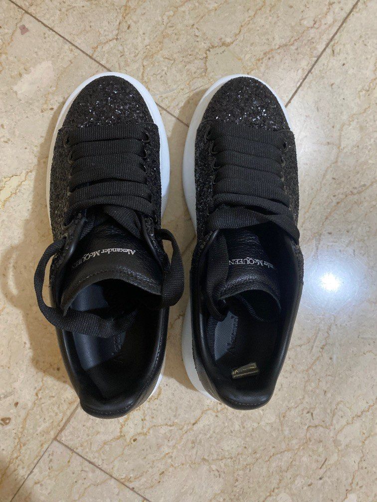Alexander McQueen Black Glitter Oversized Leather Lace up Sneakers