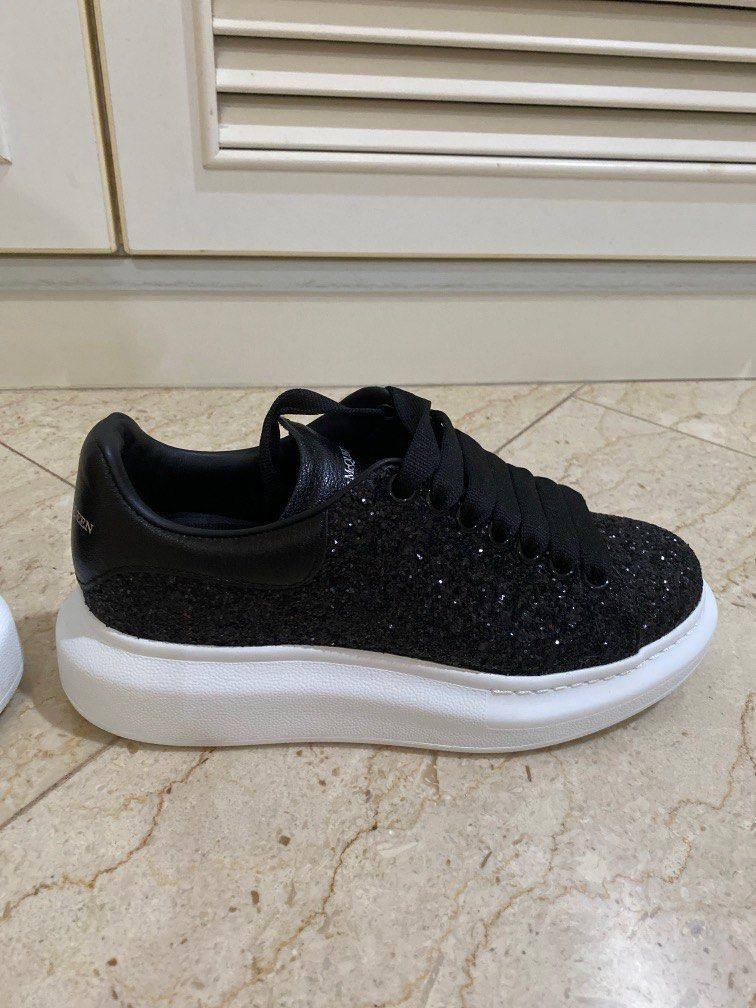 Alexander McQueen Black Glitter Oversized Leather Lace up Sneakers