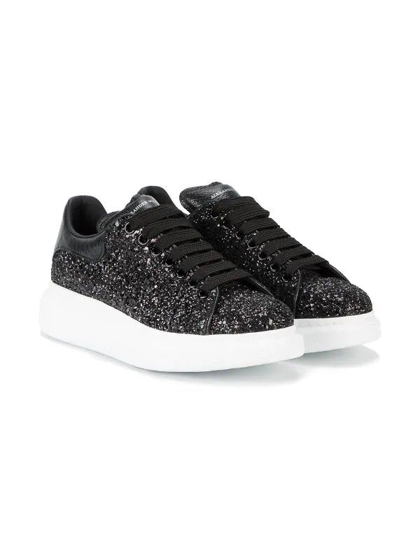 Alexander McQueen Black Glitter Oversized Leather Lace up Sneakers