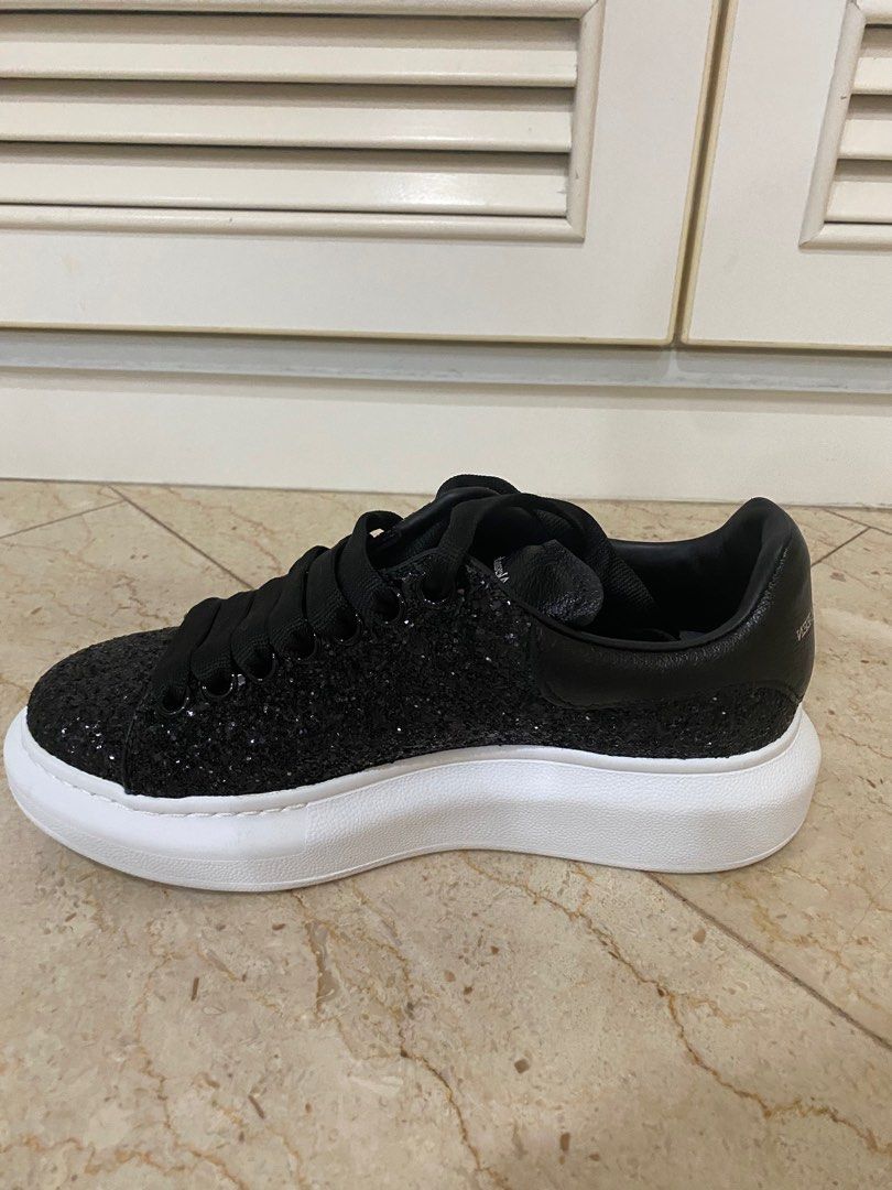 Alexander McQueen Black Glitter Oversized Leather Lace up Sneakers