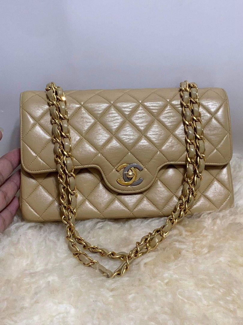 Authentic CHANEL Quilted Lambskin Double Flap Medium in GOLD