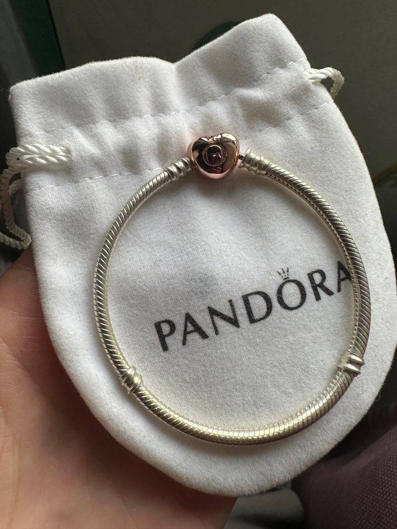 Authentic Pandora Rose Gold Heart Clasp Snake Chain Bracelet - Size 16, Women's Fashion, Jewelry