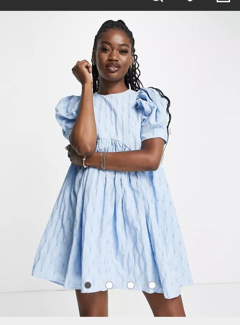 Blue textured baby doll dress with puff sleeves Women s Fashion