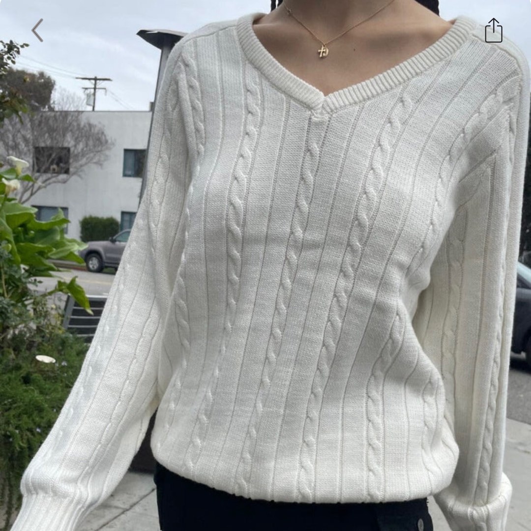 brandy melville ida cotton cable knit v neck sweater white, Women's