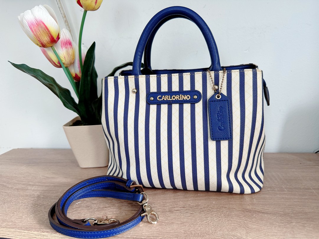 Carlo Rino Blue & White Striped Handbag/Sling Bag, Women's Fashion ...
