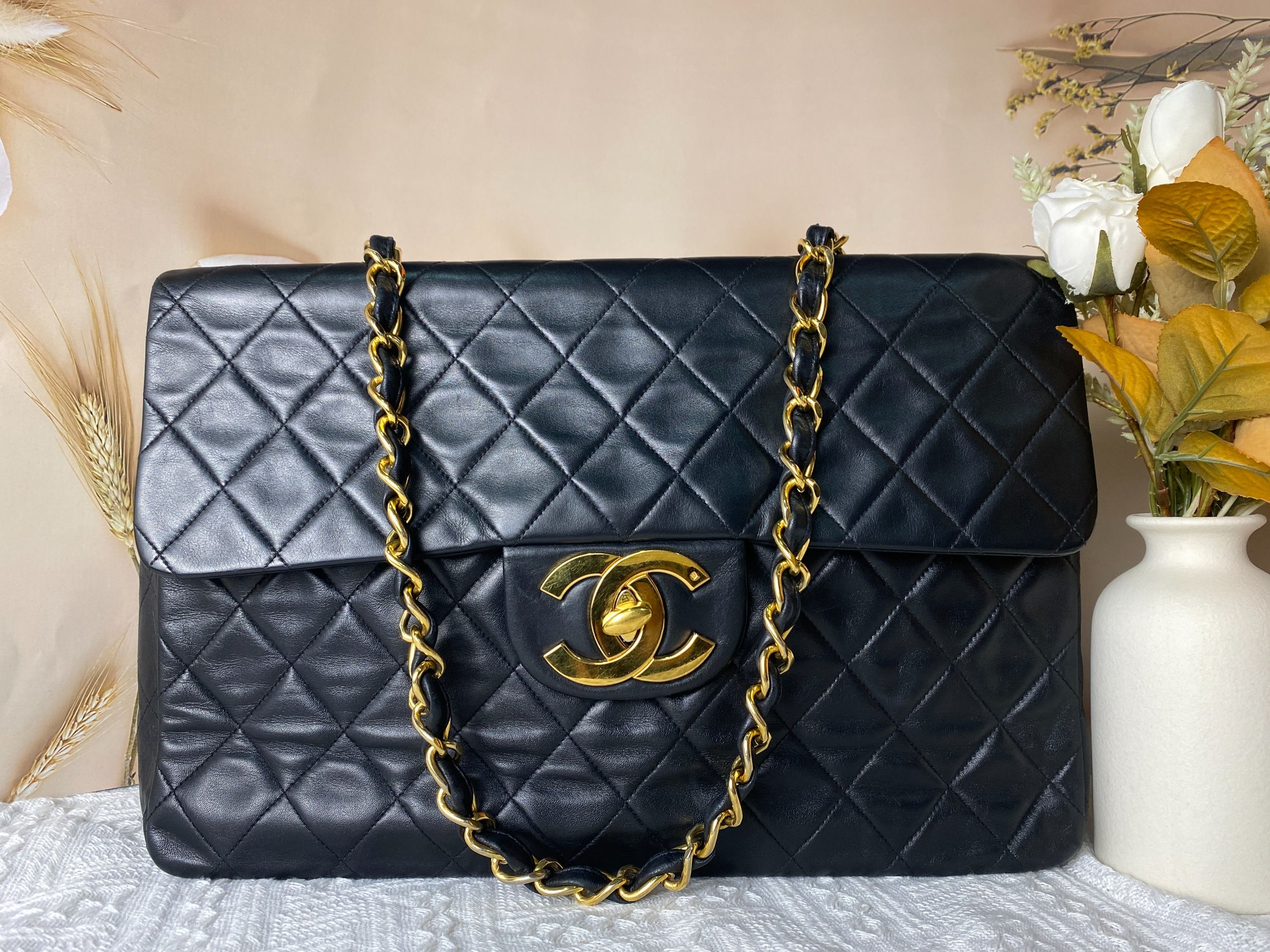 Chanel - Classic Flap Bag - Jumbo - Black Lambskin - SHW - Pre-Loved
