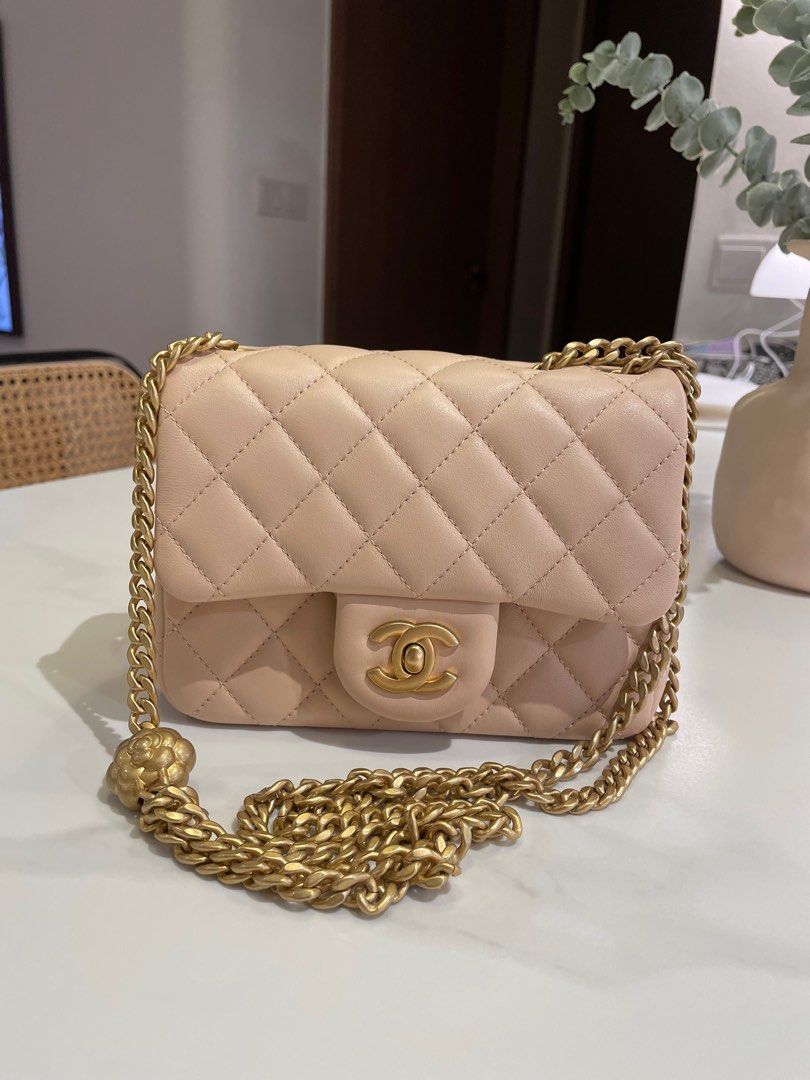 Chanel s23 camellia crush mini square bag in beige, Luxury, Bags