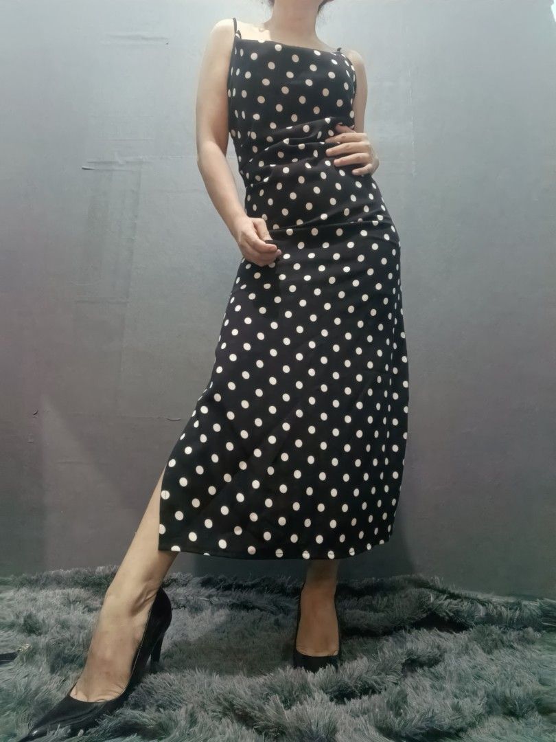 Black polka dot ruched side top tea dress