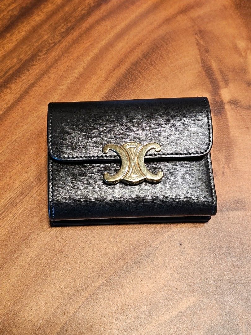 CELINE Triomphe Compact Wallet With Coin Leather Black 10I653DPV