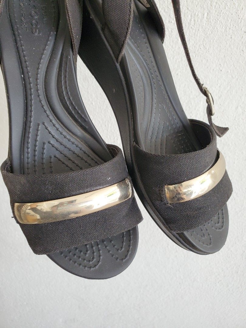 Crocs Black Leigh Ann Metal Block Women Wedges Heels