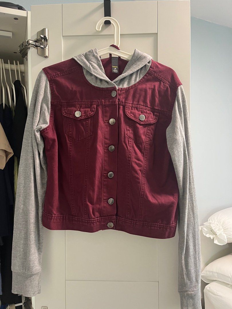 Denim Hoodie Jacket Maroon Grey