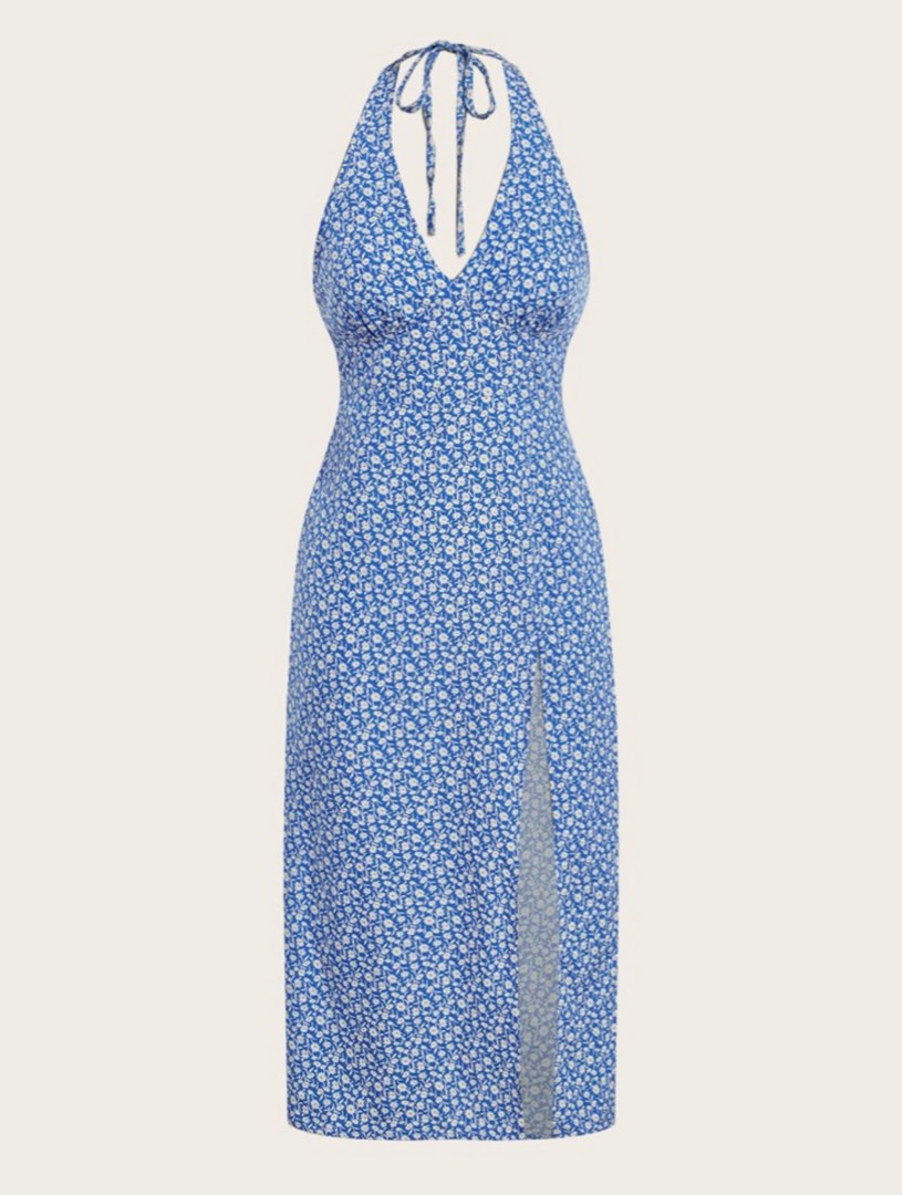 High Neck Full Length Dress with Slit Ocean Blue
