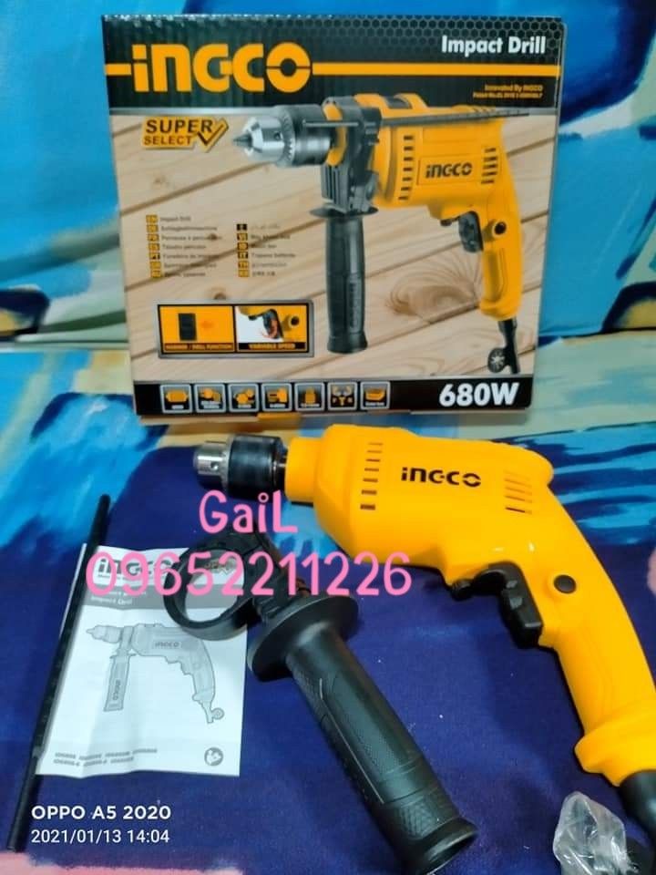 INGCO 13mm., 680W Impact Drill (Category: Construction Tools & Equipment) located in Caloocan City. Submitted by abieghail (Listing ID 1257639627, Image 3). Description: INGCO Impact Drill 680watts ID68016P - Super Select Model : ID68016P Voltage : 220-240V~50/60Hz Input Power : 680W No-load Speed : 0-3000rpm Max.Drilling Capacity : 13mm With Variable speed Forward/Reverse switch Contact us for faster transaction. TO GOD BE THE GLORY!.