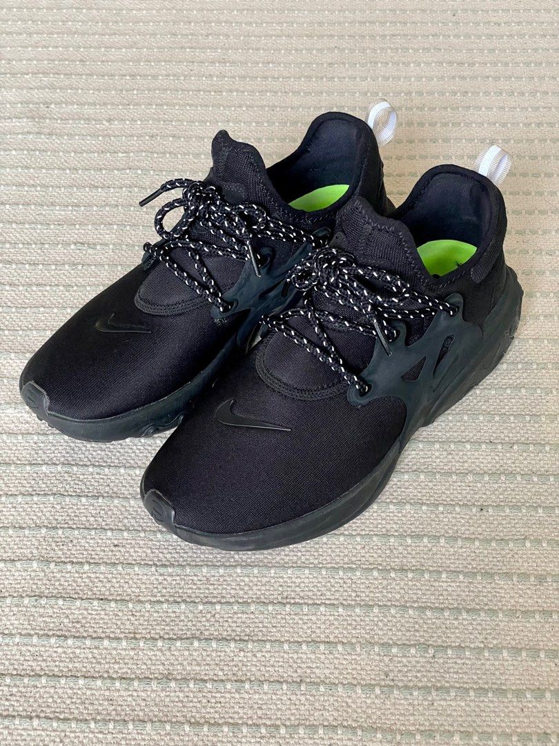 SALE❗️Nike React Presto Black Cat (Category: Sneakers) located in Makati City. Submitted by declutter.cpl (Listing ID 1257532454, Image 2). Description: Nike React Presto Black Cat 🐈‍⬛ 9/10 condition Local purchase (Footlocker Glorietta) RFS: decluttering Issues: there are scratches near the plastic eyelets (5th and 6th pic) but seems inevitable due to friction.