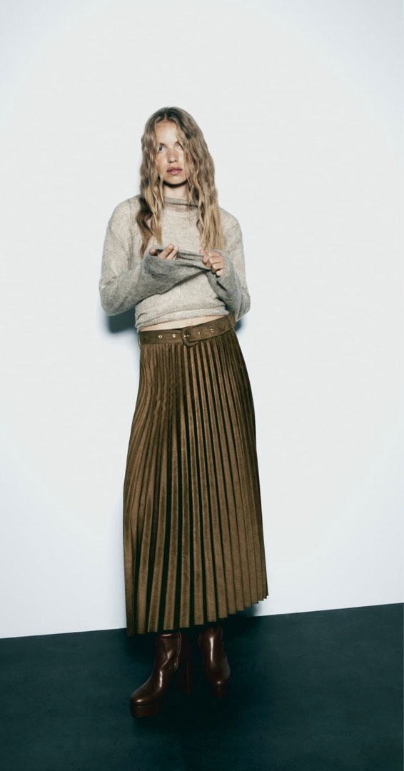 Green pleated midi top skirt zara