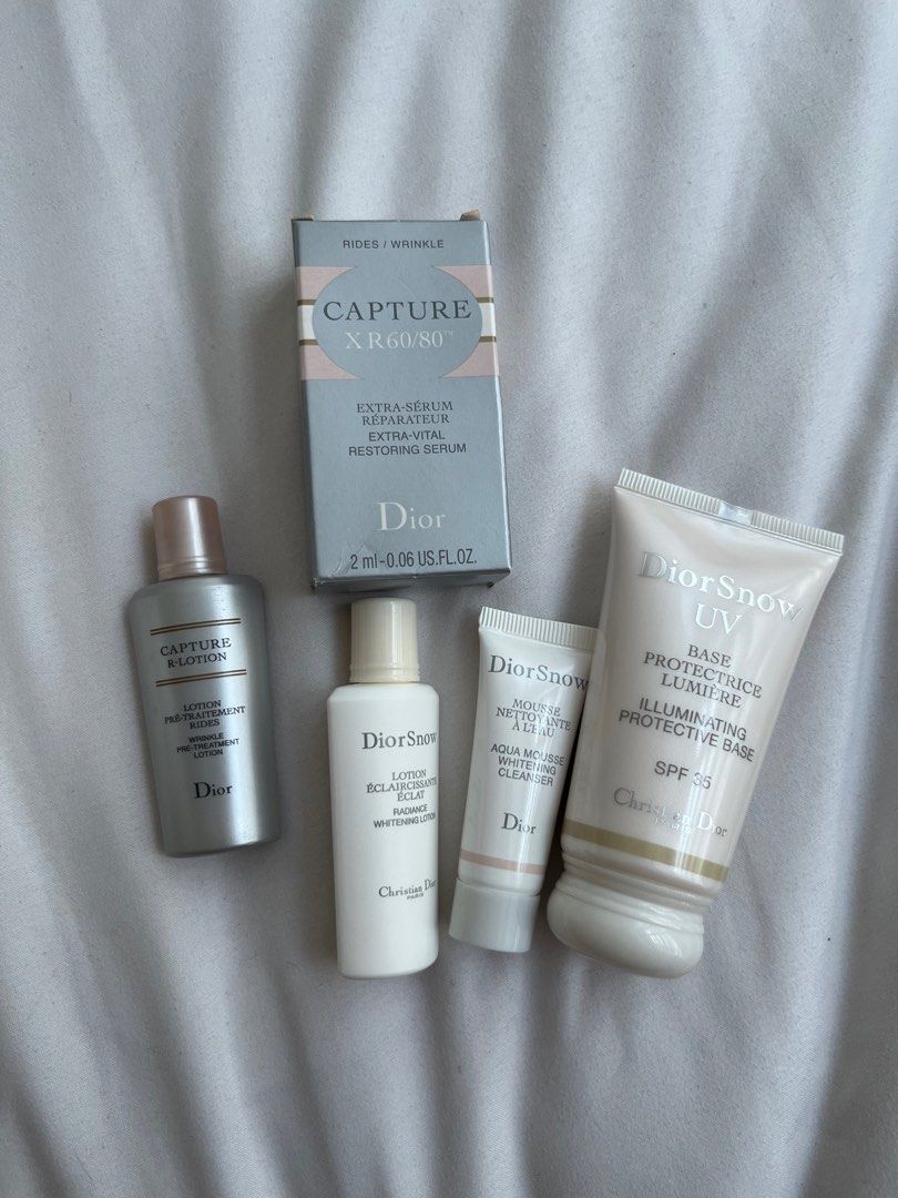 Original Dior Snow 5 piece Set with Pouch (Category: Face Care) located in Mandaluyong City. Submitted by everythingjapan (Listing ID 1257542915, Image 2). Description: Unused Just stored 5 piece Christian Dior Skin Care set with christian dior makeup pouch Dior Snow Radiance whitening lotion 15ml Dior Capture R lotion 15ml Dior capture XR 60/80 2ml Dior Snow Mousse whitening cleanser 9.3g DiorSnow UV Illuminating protective base spf 35 56g All w