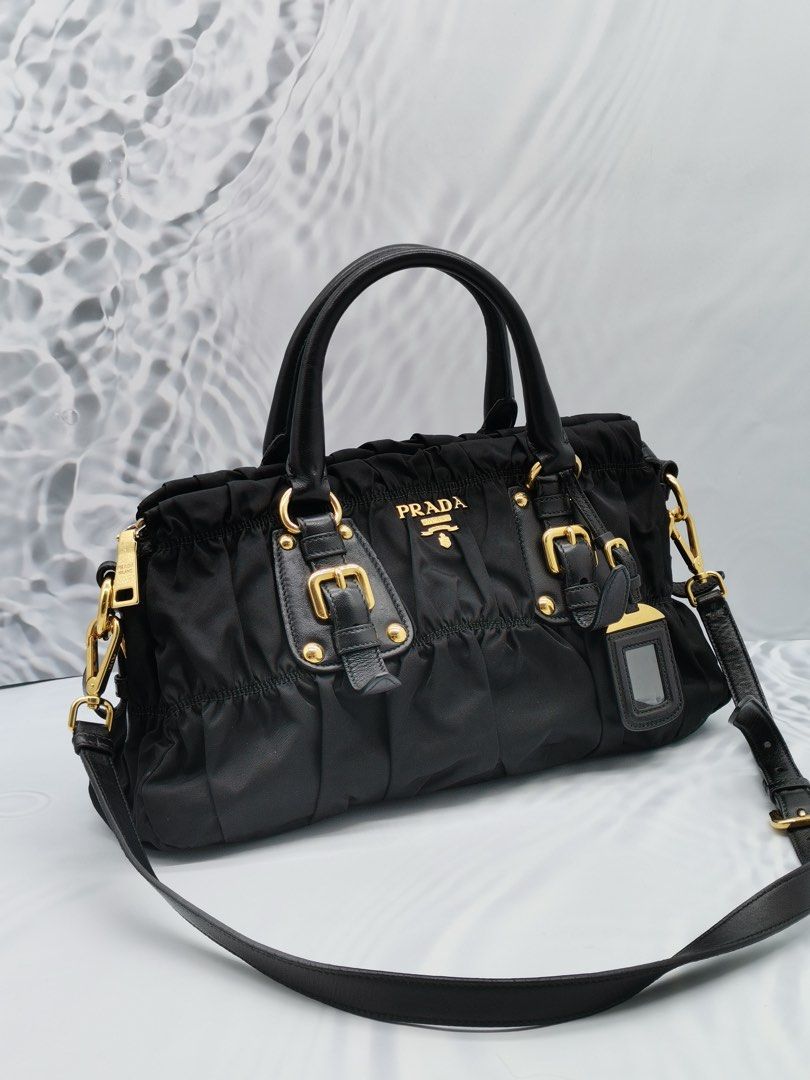 PRADA BN1407 BLACK TESSUTO GAUFRE HANDLE BAG WITH STRAP
