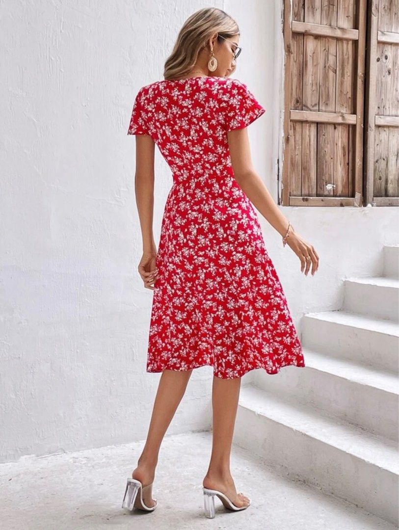 Red floral midi tea dress outlet