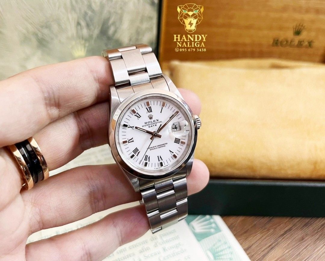 Full set ROLEX Date 15200 size 34 mm complete box white Roman dial very good condition