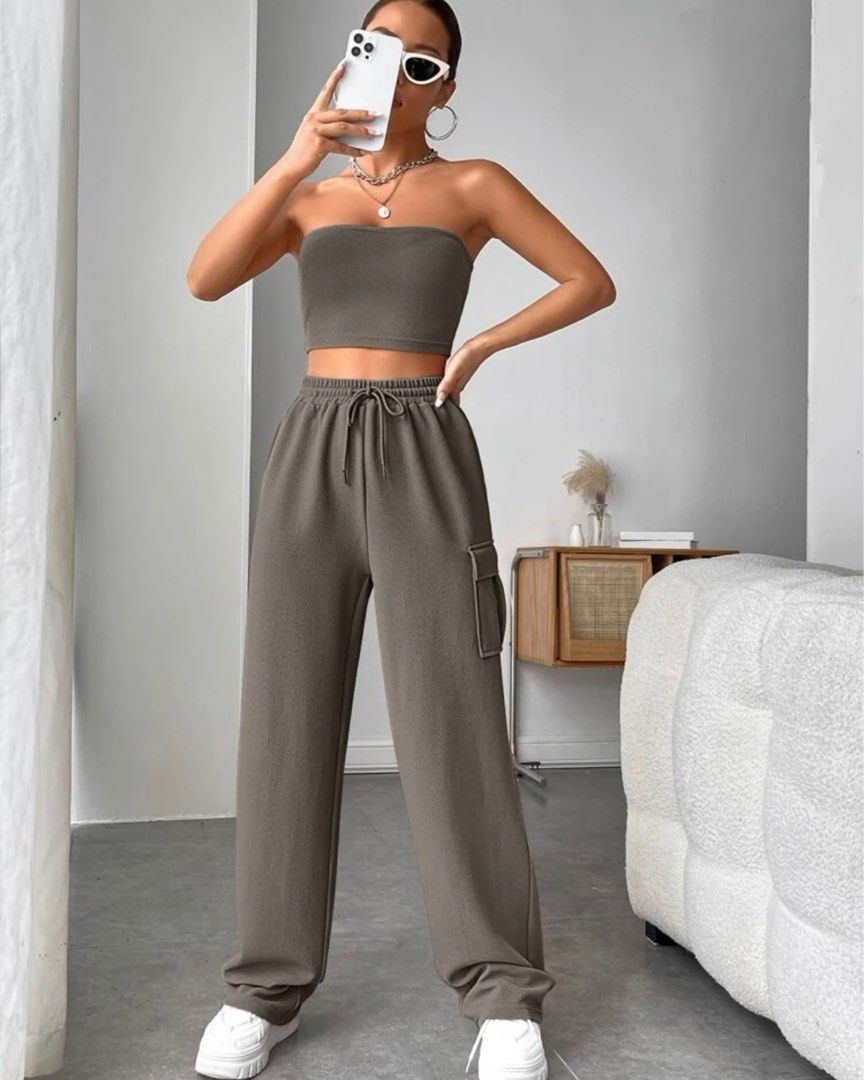 SHEIN EZwear Solid Crop Tube Top & Flap Pocket Side Drawstring Waist  Sweatpants