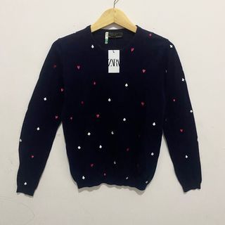 Sweater Zara motif kartu BORDIR bahan cotton adem kerah O navy pekat mendekati hitam oneck