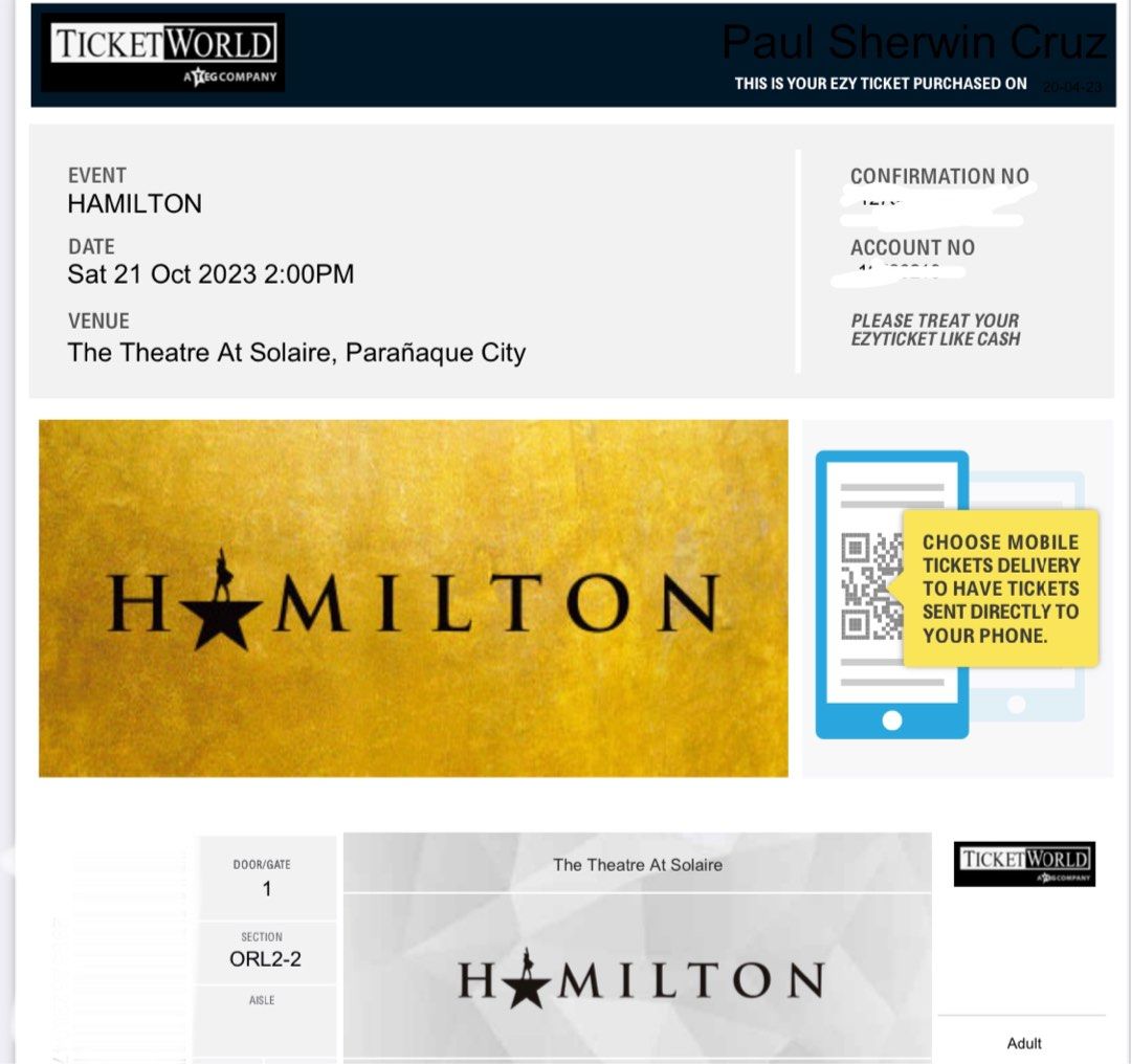 Two Hamilton Tickets on Oct 21 2pm for Sale Tickets Vouchers