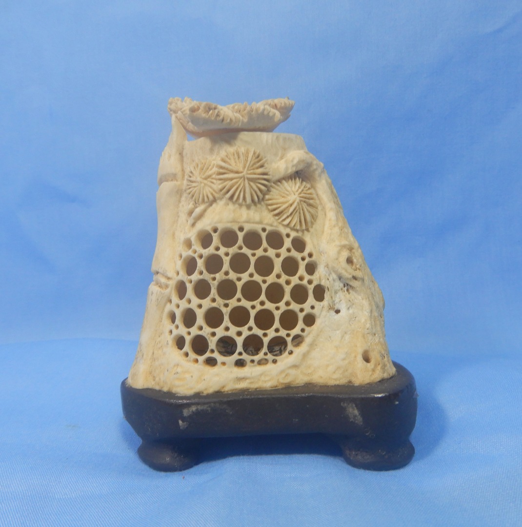 Antique Chinese cricket cage hand carved fish bone pine tree floral