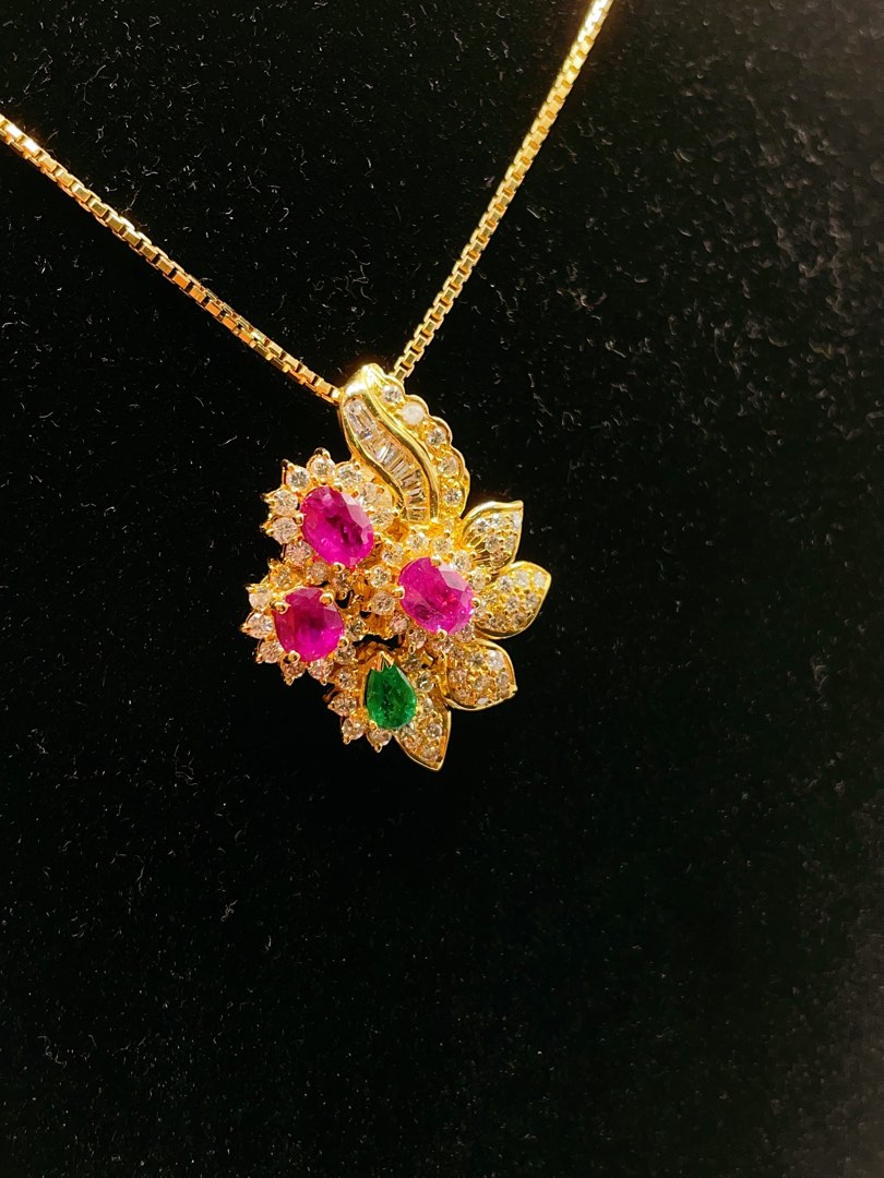 Vintage Peranakan Diamond Ruby Emerald Pendant Chain Set