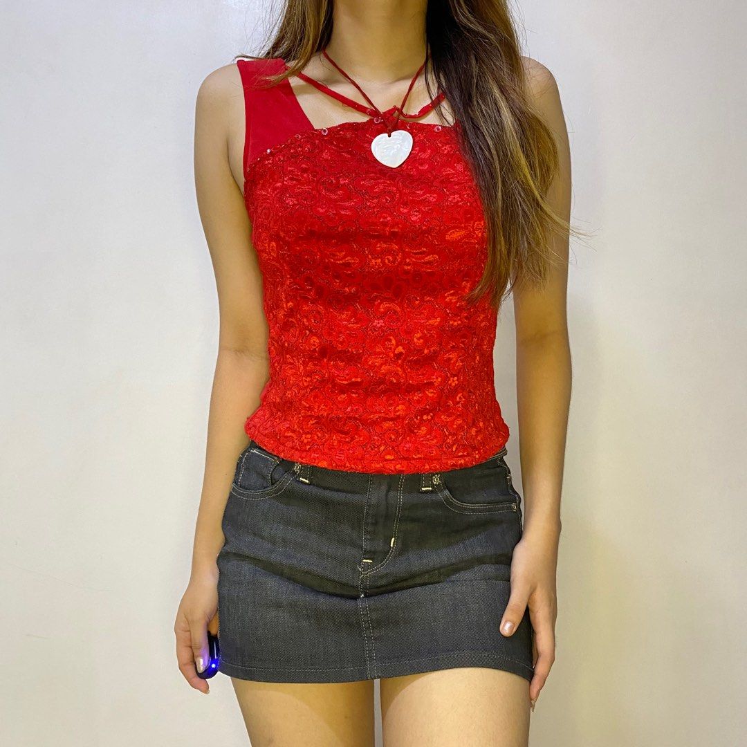 Vintage red lace hearts top