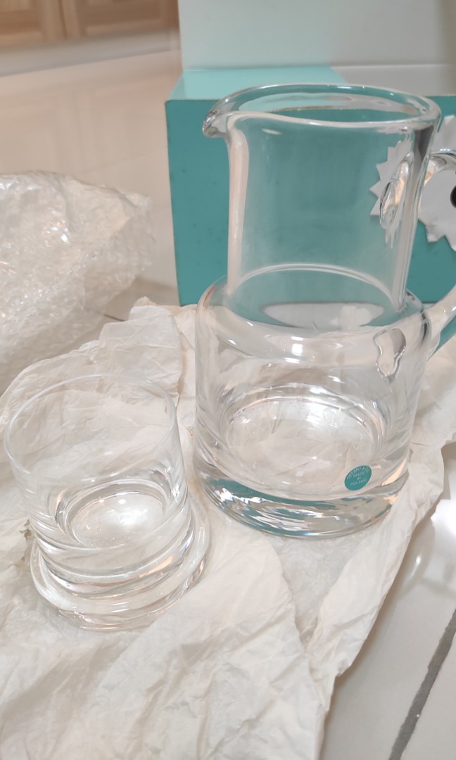 Tiffany & Co Crystal Glass Bedside Water Pitcher Carafe / with lid cup /  signed