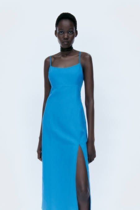 Blue linen dress zara store