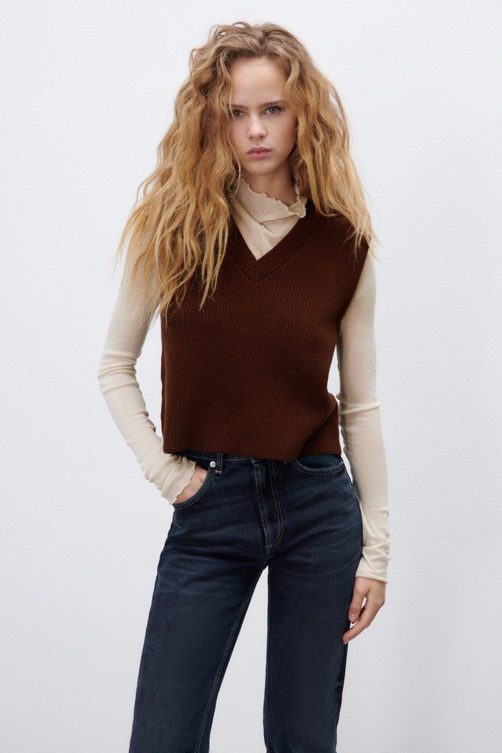 Zara Chocolate Knitted Waistcoat, Women's Fashion, Tops