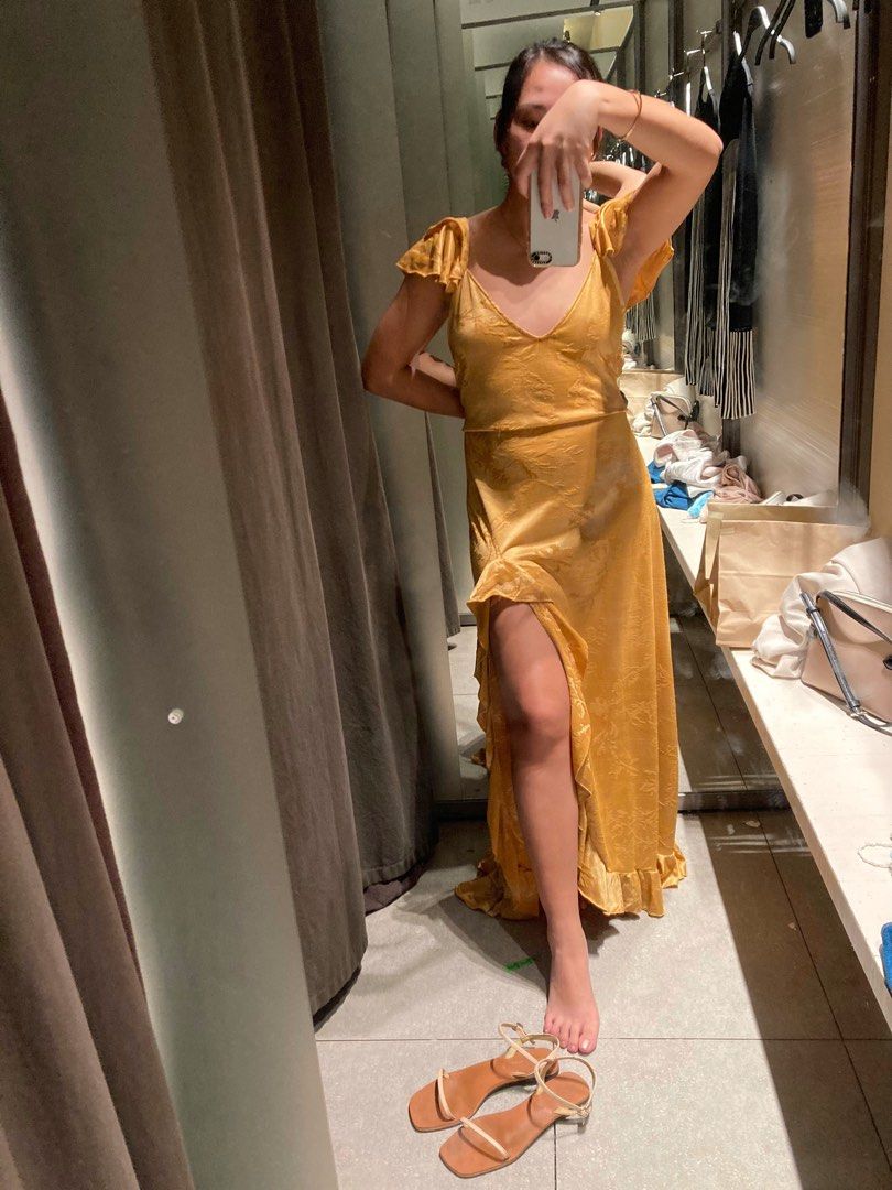 Zara Yellow Maxi Dress with slit, Women's Fashion, Dresses & Sets, Evening  dresses & gowns on Carousell