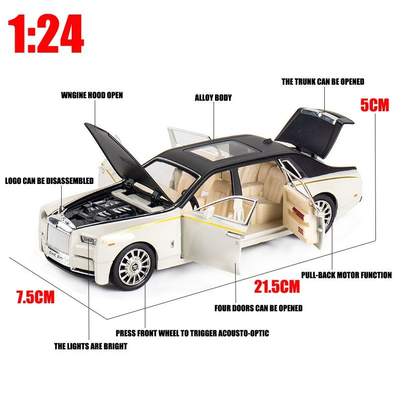 1 24 Rolls Royce white Phantom Starry Sky Top Car Simulation Sound