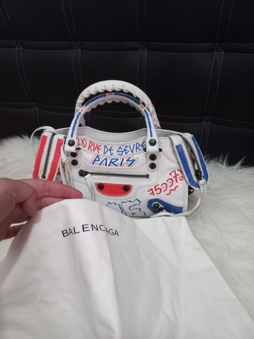 BALENCIAGA Agneau Classic Hardware Graffiti Mini City White 1218177