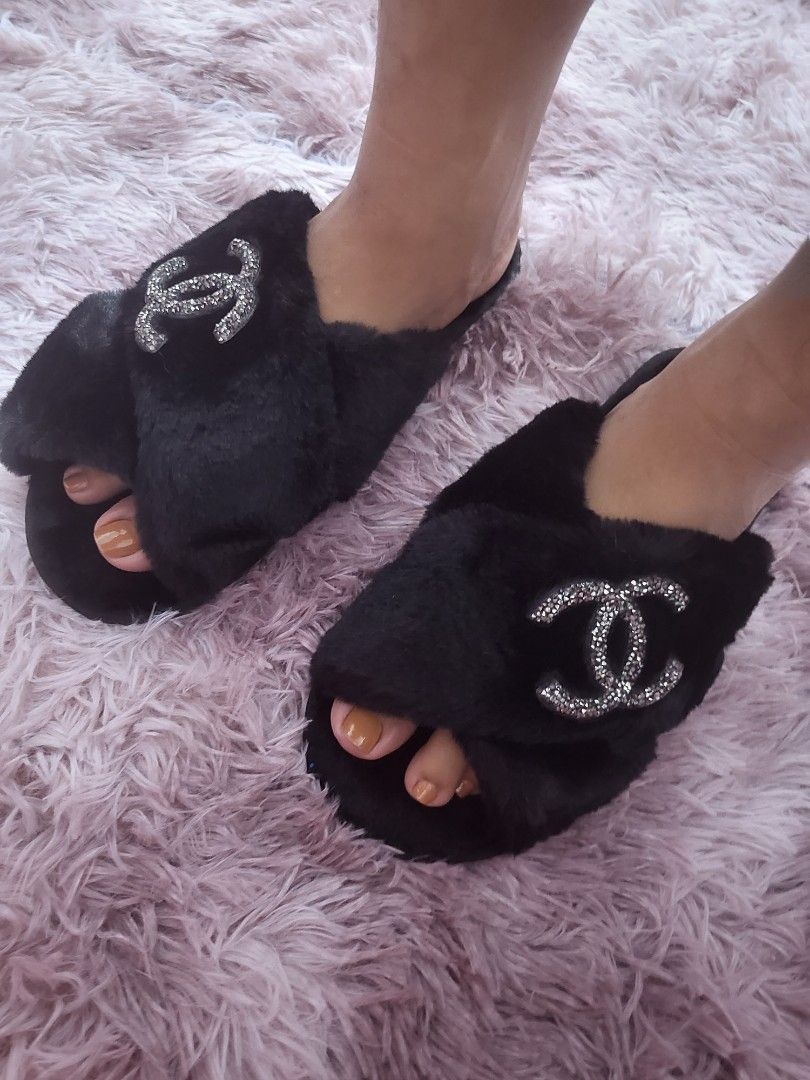 chanel fur slides