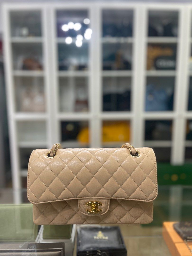 Beige Claire Quilted Caviar Small Classic Double Flap Gold Hardware, 2022