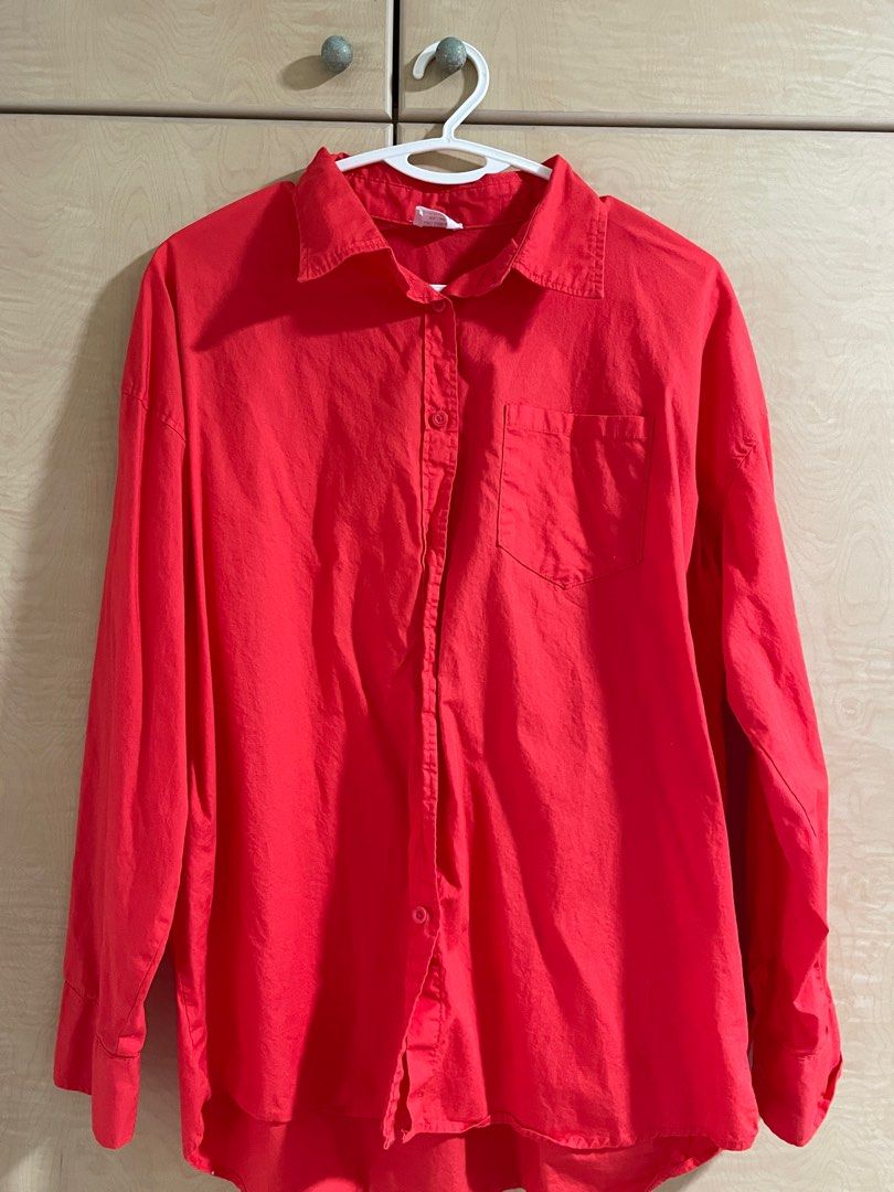 Red button up long sleeve shirt top