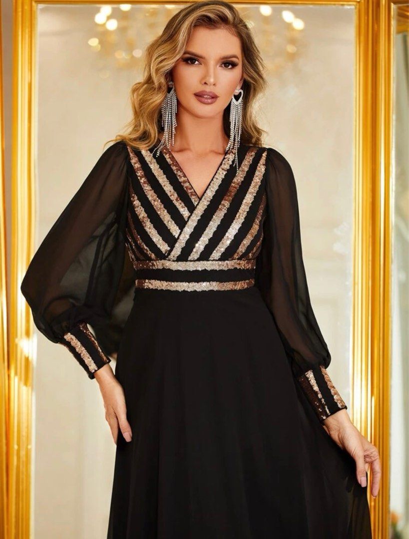 Giffniseti Contrast Black Gold Sequin Mesh Panel Lantern Sleeve