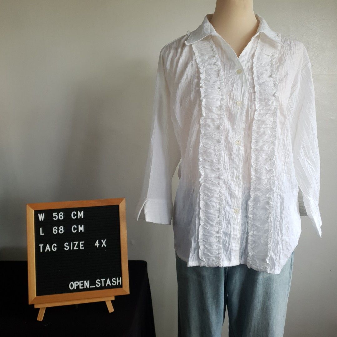 KOREA White Buttondown Ruffled Blouse (Category: Blouses) located in San Pedro. Submitted by open_stash (Listing ID 1252844123, Image 2). Description: KOREA White Buttondown Ruffled Blouse W 56 cm x 68 cm Tagsize 4X (Korean Size) - fits L to XL.
