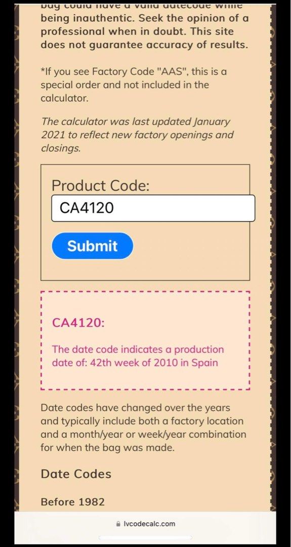 Louis Vuitton date code calculator