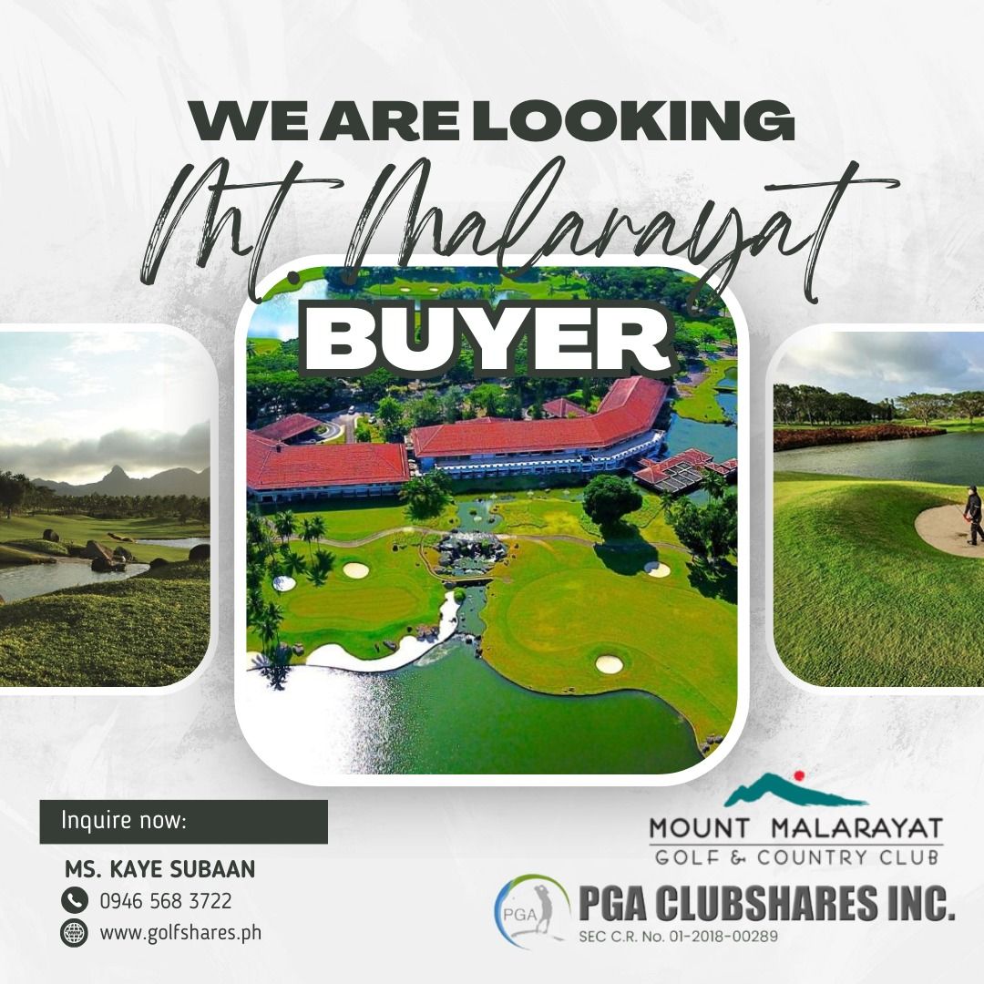 MT. MALARAYAT MEMBERSHIP (Category: Golf) located in Muntinlupa City. Submitted by kaye.pgaclubshares (Listing ID 1252856771, Image 1). Description: We are looking for Mt. Malarayat BUYER. For inquiries: 09465683722 kaye.pgaclubshares@gmail.com.