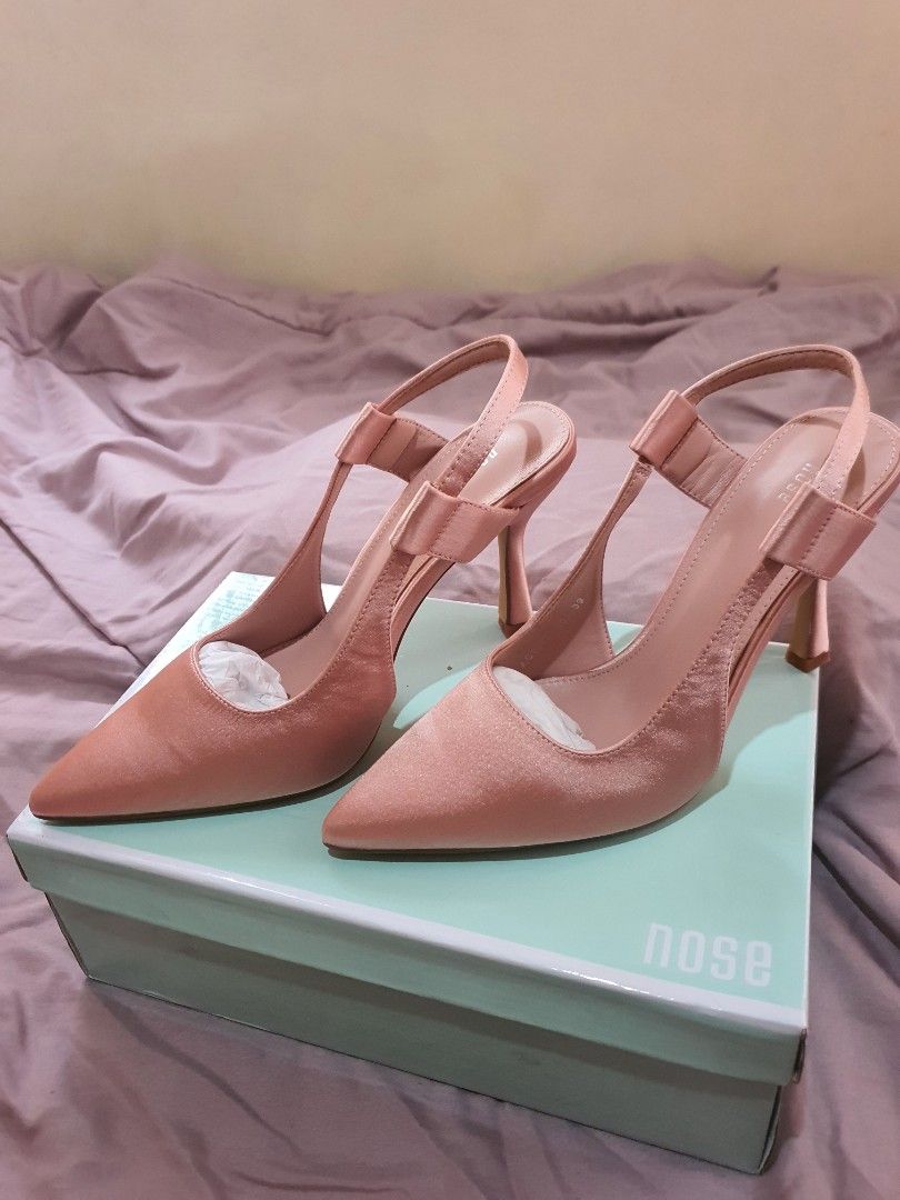 Nose Dark Salmon Pink Pointy Toe Slingback Satin Heel Pumps EU 39
