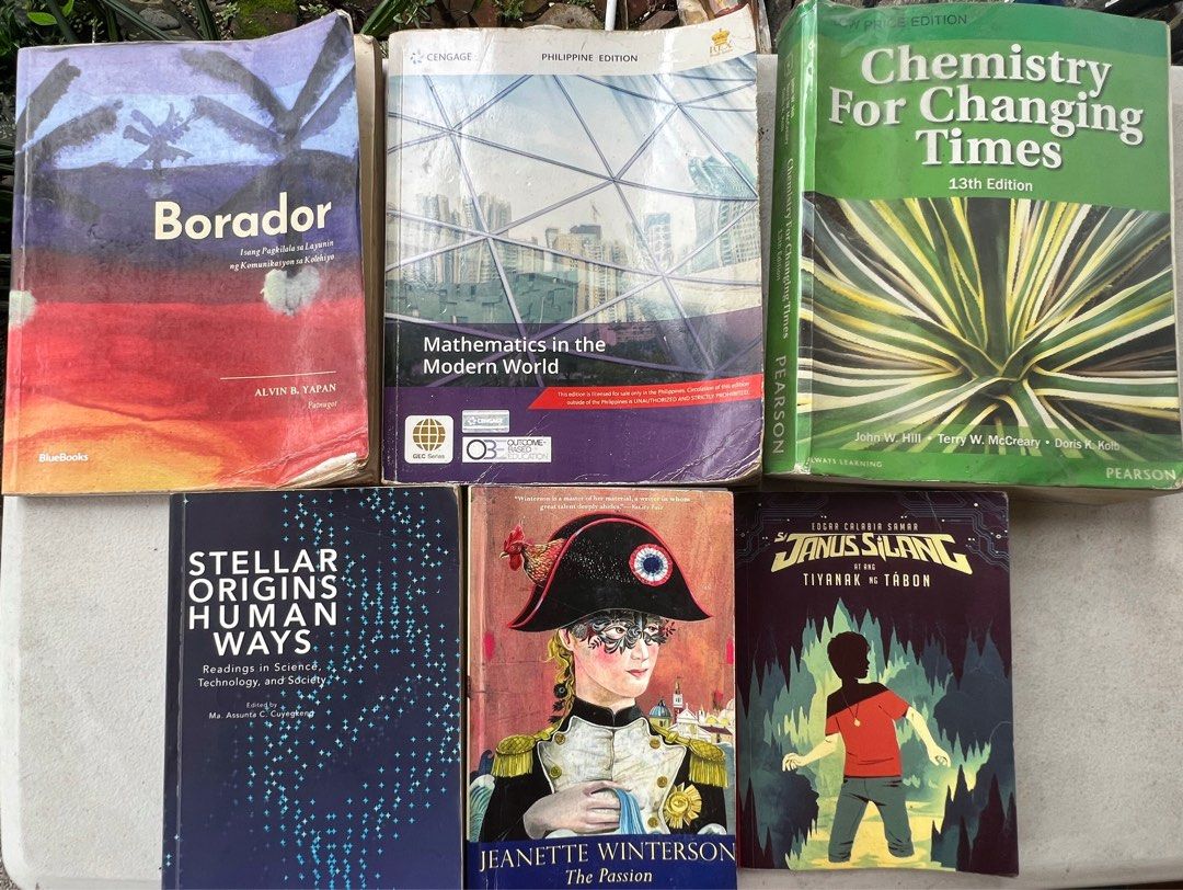 Preloved Textbooks and Required Readings (Category: Textbooks) located in Quezon City. Submitted by heartworkph (Listing ID 1252911865, Image 1). Description: Selling some preloved textbooks: 1. [❌ SOLD] Borador 2. [❌ SOLD] Mathematics in the Modern World 3. Stellar Origins, Human Ways (9/10) - ₱200 — Has some highlights on 3 articles 4. Chemistry for Changing Times [13th Edition] Low Price Edition (9/10) - ₱600 — With plastic cover — Minimal hig